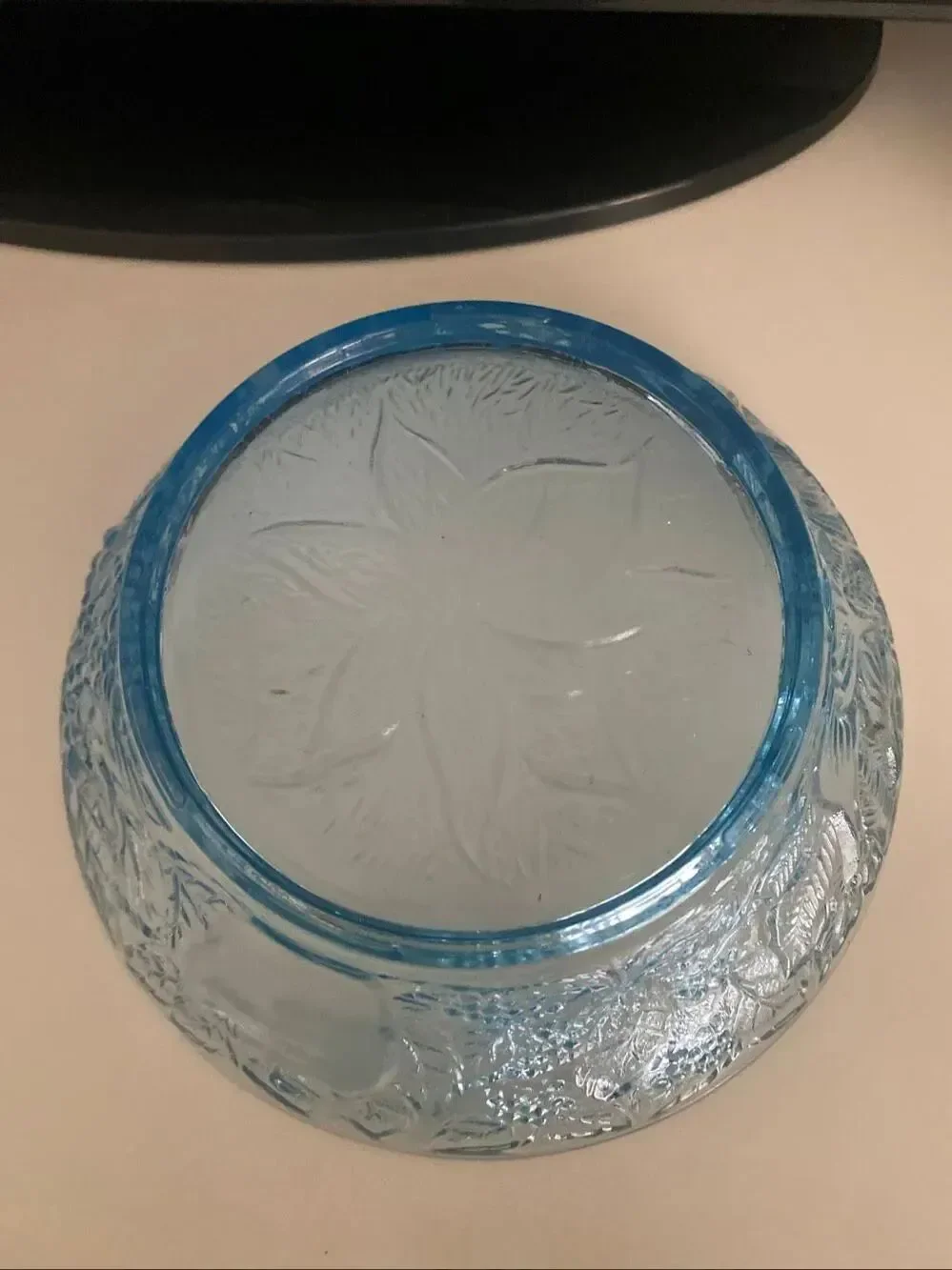 Blue Pressed Glass Serving Bowl Embossed Floral Pattern Decorative Dish vintage